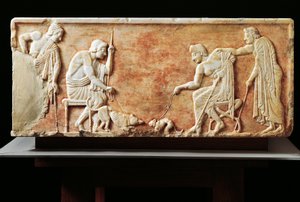 Stela przedstawiająca walkę psa z kotem, 510 p.n.e. (relief) autorstwa Greek