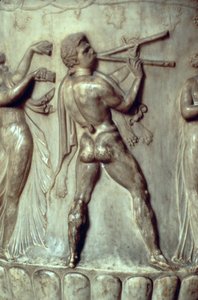 Krater lub waza Borghese, fragment płaskorzeźby przedstawiający mężczyznę grającego na podwójnym flecie, neo-poddasze, marmur ok. 40-30 pne