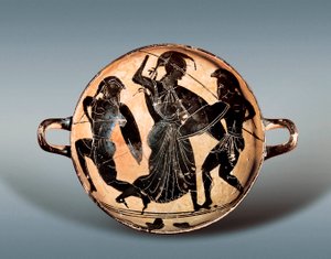 Wojna trojańska: Bogini Atena walcząca między Hectorem a Achillesem. VI wiek p.n.e. Kylix (kubek do picia) ma czarne figury w ceramice, Muzeum Archeologiczne Katalonii, Barcelona. autorstwa Greek