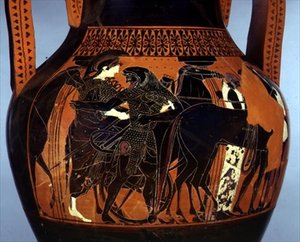 Amfora czarnofigurowa ozdobiona sceną przedstawiającą Heraklesa asystującego Atenie, detal, VI-V w. p.n.e. (ceramika) autorstwa Greek