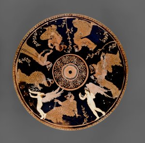 Czerwonofigurowa Pyxis na poddaszu, fragment wieka ozdobiony kobietami trzymającymi żetony miłości i naszyjniki, blisko Medidias Painter (ceramika) autorstwa Greek School