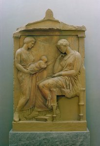 Stela nagrobna przedstawiająca służącą trzymającą niemowlę do siedzącej kobiety (marmur) autorstwa Greek School