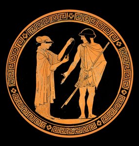 Swobodna rozmowa, dekoracja ceramiki z czerwonymi figurami. V wiek pne (ceramika) autorstwa Greek School