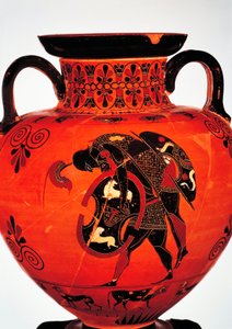 Cywilizacja grecka, VI wiek p.n.e. Ceramika czarnofigurowa. Amfora przedstawiająca Ajaxa niosącego ciało Achillesa. autorstwa Greek School