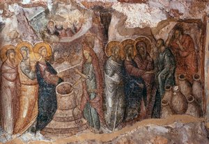 Ślub w Kanie, malowidło ścienne narteks, kościół Afendiko, klasztor Brontochion autorstwa Greek School