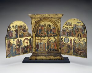 Wskrzeszenie Łazarza; Wjazd do Jerozolimy; Ukrzyżowanie; Zejście Chrystusa do piekła (płyta środkowa), II poł. XVI w. (tempera ze złotą listwą na drewnie) autorstwa Greek School