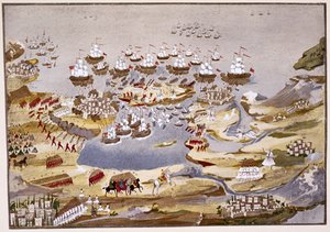 Oblężenie i bitwa morska, płyta 13 z obrazowej historii wojny o niepodległość Grecji autorstwa generała Makryjannisa autorstwa Greek School