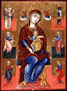Dziewica ze Skopiotisa na tronie z Chrystusem i sześcioma świętymi, ok. 1700 (złoty liść i tempera na panelu) autorstwa Greek School