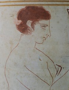 Lekythos na poddaszu, przedstawiający scenę pogrzebu wojownika siedzącego przed jego grobowcem, 420-410 pne, przypisywany malarzowi Parrazjuszowi z Efezu, biała ceramika mielona z Aten, Grecja. Szczegół. Cywilizacja grecka, V w. p.n.e. autorstwa Greek School