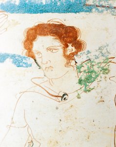 Biała ceramika mielona, Lekythos na poddaszu przedstawiający scenę pogrzebową z wojownikiem przed grobowcem, detal autorstwa Greek School
