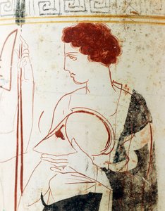Biała ceramika mielona, Lekythos na poddaszu przedstawiający scenę pogrzebową z wojownikiem przed grobowcem, detal autorstwa Greek School