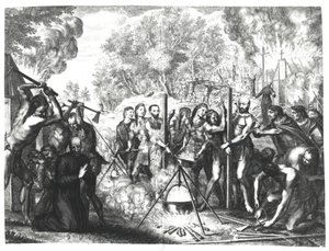 Śmierć niektórych ojców jezuitów w Nouvelle-France, z „Historiae Canadensis” Francois Ducreux, opublikowanej w 1664 r. autorstwa Gregoire Huret
