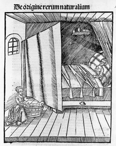 Położna myje noworodka, gdy matka odpoczywa. Grawerowanie - w „”Margarita Philosophica”” Gregora Reischa (1467-1525), Bazylea autorstwa Gregor Reisch