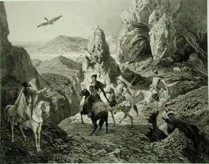 Polowanie na sokoła koło Erewania, Armenia, tablica 20 z księgi o Kaukazie, rytowana przez Eugene Ciceri (1813-90) i Adolphe Jean-Baptiste Bayot (1810-66), wyd. Alfred Leon Lemercier, Paryż