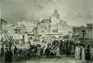 Bazar na Majdan Square, Tiflis, Georgia, płyta 25 z księgi o Kaukazie, rytowana przez Adolphe Jean-Baptiste Bayot (1810-66) i Eugene Ciceri (1813-90), wyd. Alfred Leon Lemercier, Paryż