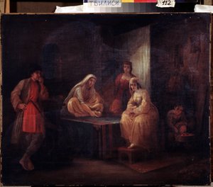 W pokoju. Orientalistyczna scena z tancerzami Shamakha w Azerbejdżanie zebrana w haremie. Obraz Grigori Grigorievich Gagarin (1810-1893), olej na płótnie, XIX-wieczna sztuka rosyjska. Państwowe Muzeum Sztuki Gruzińskiej, Tbilisi (Georg autorstwa Grigori Grigorevich Gagarin