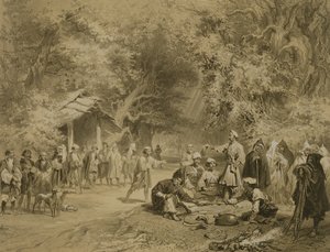 Koniec polowania, Mingrelia, tablica 6 z księgi o Kaukazie, sztychowana przez Adolphe Mouillerona (1820-81) wydana przez Alfreda Leona Lemerciera, Paryż, 1847 autorstwa Grigori Grigorevich Gagarin
