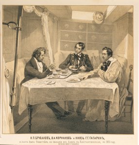 Karl Bryulłow, Władimir Korniłow i hrabia Grigori Gagarin na pokładzie brygu Temistokles, 1835 autorstwa Grigori Grigorevich Gagarin