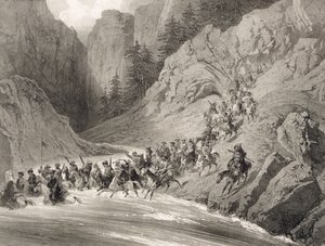 Tcherkersseians podczas najazdu w pobliżu Morza Czarnego, płyta 4, z księgi o Kaukazie, rytowanej przez Eugene Ciceri (1813-90) i Adolphe Jean-Baptiste Bayot (1810-66), wydanej przez Alfreda Leona Lemerciera, P. autorstwa Grigori Grigorevich Gagarin