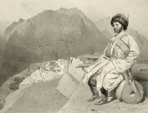 Widok Ghimri i Portret Hadji-Mourada, tablica 66 z księgi o Kaukazie, rytowana przez Julesa Josepha Augustina Laurensa (1825-1901) i Eugene’a Ciceri (1813-90) autorstwa Adolphe Mouillerona (1820-81), pu