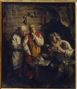 Uzdrowiciel (Witch Doctor). W biednej, wiejskiej chacie dwie bose kobiety, ubrane w ludowe stroje, z niepokojem przyglądają się starcowi pijącemu ziołowy środek, a obok niego tłuczek do sporządzania mikstur leczniczych.