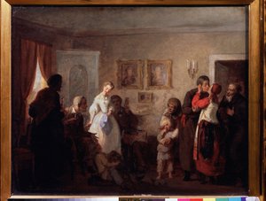 Les felicitations a un couple de jeunes maries dans un manoir. (Congratulations To The Newly Married Couple In A Manor House). Peinture de Grigori (Grigoriy, Grigory) Grigoryevich Myasoyedov (Myasoedov, Miasoedov) (1834-1911), huile sur toile   1410139   p autorstwa Grigori Grigoryevich Myasoedov