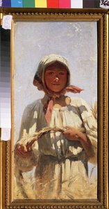 Żniwiarz. Portret młodej chłopki w tradycyjnym stroju, w polu pszenicy w środku lata na żniwa. Obraz Grigorija (Grigoriy, Grigory) Grigoryevich Myasoyedov (Myasoedov, Miasoedov) (1834-1911), olej na płótnie. sztuka rui