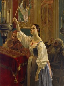Dziewczyna postawiła świecę przed ikoną, 1842 autorstwa Grigori Karpovich Mikhaylov