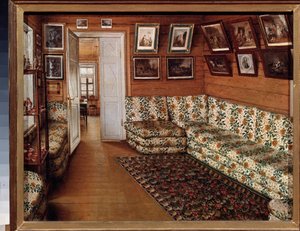 Sala recepcyjna w dworku - Obraz Grigori Vasilyevich Soroka (1823-1863), olej na płótnie - XIX-wieczna sztuka rosyjska - Państwowe Muzeum Historii i Sztuki w Pskowie (Rosja) autorstwa Grigori Vasilievich Soroka