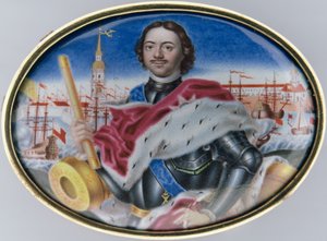 Portret Piotra I (1672-1725) na tle Twierdzy św. Piotra i Pawła i Placu Trójcy w Petersburgu, 1723 (emalia na złocie) (zob. 126084) autorstwa Grigory Semyonovich Musikiysky