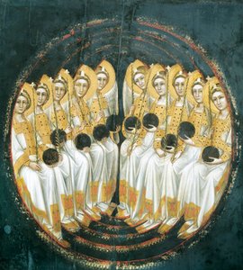 Siedzące anioły z kulami w dłoniach, autorstwa Guariento (aktywny 1338-1367 lub 1370), tempera na panelu