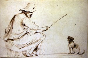 Siedzący mężczyzna tresujący psa (pióro i brązowy tusz oraz pranie na papierze) autorstwa Guercino