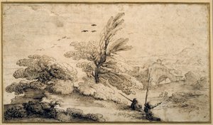 Krajobraz z dwoma odpoczywającymi rybakami (pióro i atrament na papierze) autorstwa Guercino