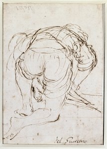Mężczyzna klęczący - Rysunek ołówkiem autorstwa Guercino