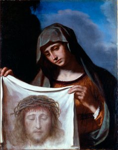 Święta Weronika. Święty Welon przedstawia oblicze Chrystusa, którego pot podobno pociła się Weronika podczas wspinaczki na Kalwarię. Obraz Giovanniego Francesco Barbieri Guerchin dit Il Guercino (1591-1666) Geny z XVII wieku, Kolekcja Banca Ca