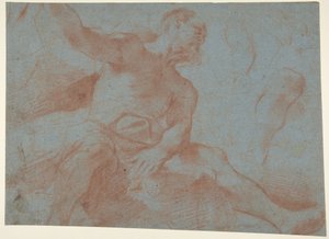 Siedzący starzec z podniesioną prawą ręką (Tithonus) (prosto) autorstwa Guercino