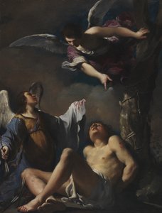 Św. Sebastian wspierany przez dwa anioły autorstwa Guercino
