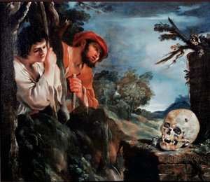 Pasterze Arcadia Men wokół grobowca na greckiej wyspie Peloponez. Obraz (Vanita) Giovanniego Francesco Barbieri Guerchin dit Il Guercino (1591-1666) 1618 wokół Rzymu, Galleria Corsini autorstwa Guercino