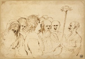 Grupa figurek z sową na słupie autorstwa Guercino