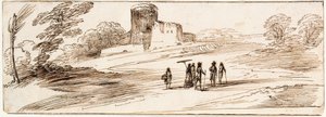 Pejzaż z zamkiem i postaciami autorstwa Guercino