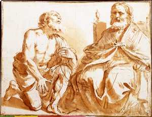 Siedzący biskup i klęczący Saint autorstwa Guercino