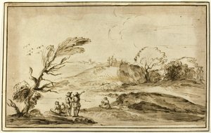 Dwie grupy postaci w krajobrazie autorstwa Guercino