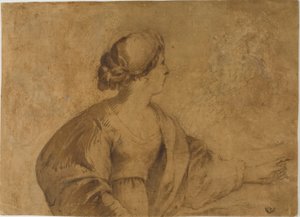 Kobieta w profilu, wskazująca lewą ręką autorstwa Guercino