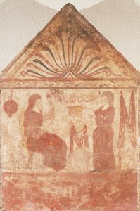 Malowany nagrobek przedstawiający kobietę siedzącą na tronie w akcie wirowania, z Andriuolo-Laghetto w Paestum, Kampania, Włochy autorstwa Guglielmo Bilancioni