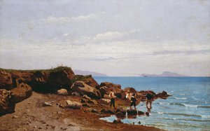 Rybacy na wybrzeżu Neapolu, z wyspą Capri w tle, Guglielmo Ciardi (1842-1917), olej na płótnie, 47,5x76,5 cm