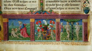 Stworzenie i kuszenie Adama i Ewy z herbem rodu Este, z Biblii Chartreux