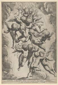 Grupa aniołów obejmująca się w locie, otoczona chmurami, ca. 1607., ok. 1607 r. 1607. autorstwa Guido Reni