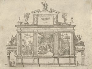 Fasada pomnika triumfalnego z trzema scenami przedstawiającymi czyny papieża Klemensa VIII, t..., 1598. autorstwa Guido Reni