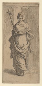 Dziewczyna niosąca krucyfiks i idąca w kierunku pilastra, widziana z tyłu, ok. godz. 1590-1600. autorstwa Guido Reni