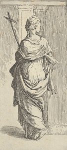 Dziewczyna niosąca krucyfiks i idąca w kierunku pilastra, widziana z tyłu, ok. godz. 15..., ok. godz. 1590-1600. autorstwa Guido Reni